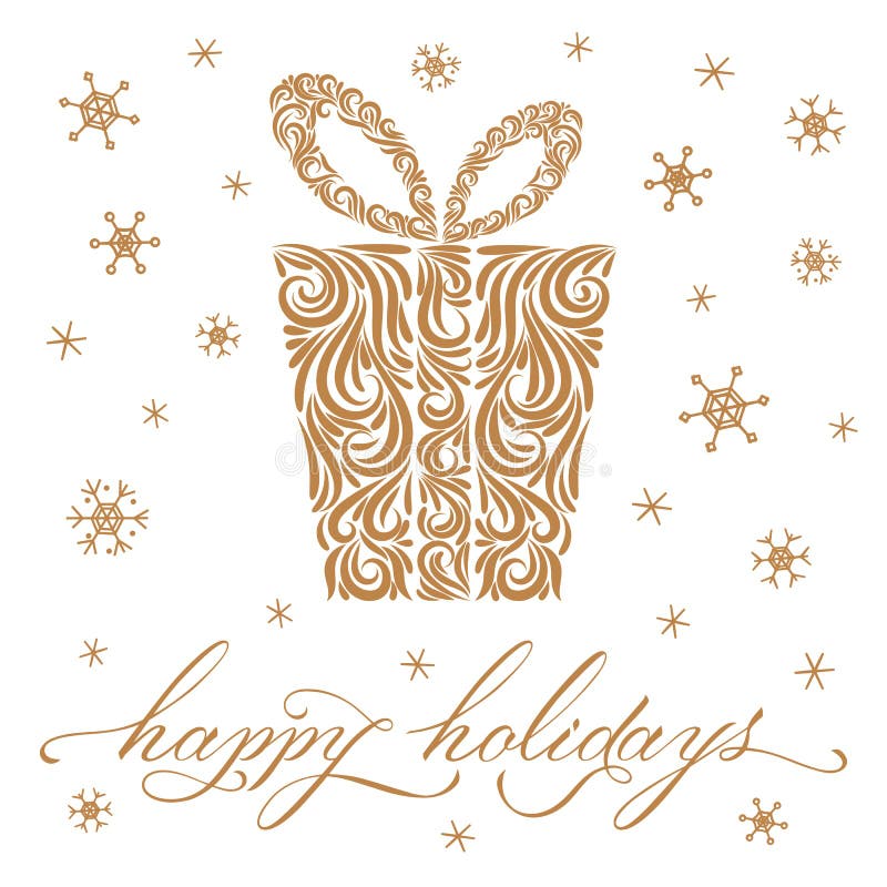 Gold Christmas Design: Happy Holidays Lettering, Tree, Reindeer ...