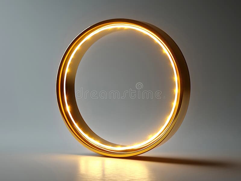 Gold circle design element glows brightly. Modern abstract shape. Luxury, elegant design. Use as label background. Ideal for royalty free illustration