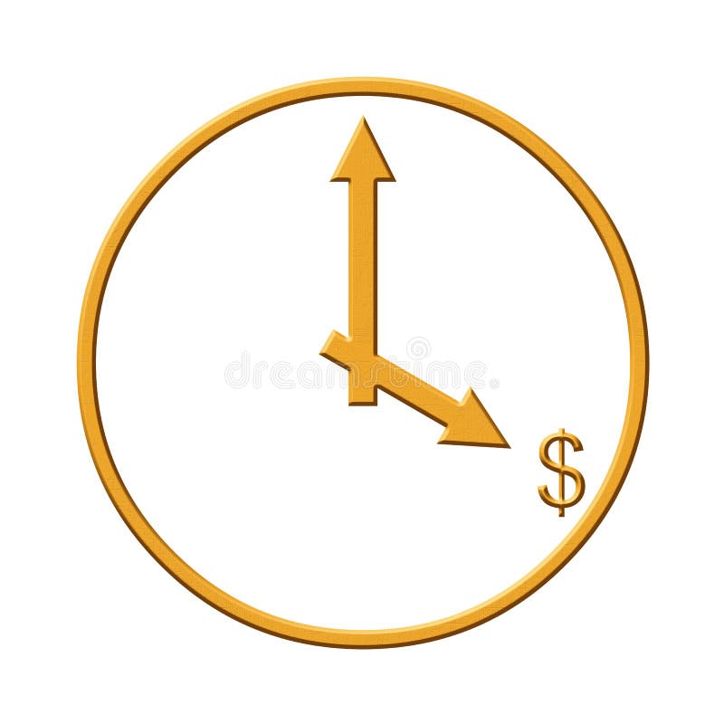Gold clock with a dollar sign on four hours isolated on white. Gold clock with a dollar sign on four hours isolated on white