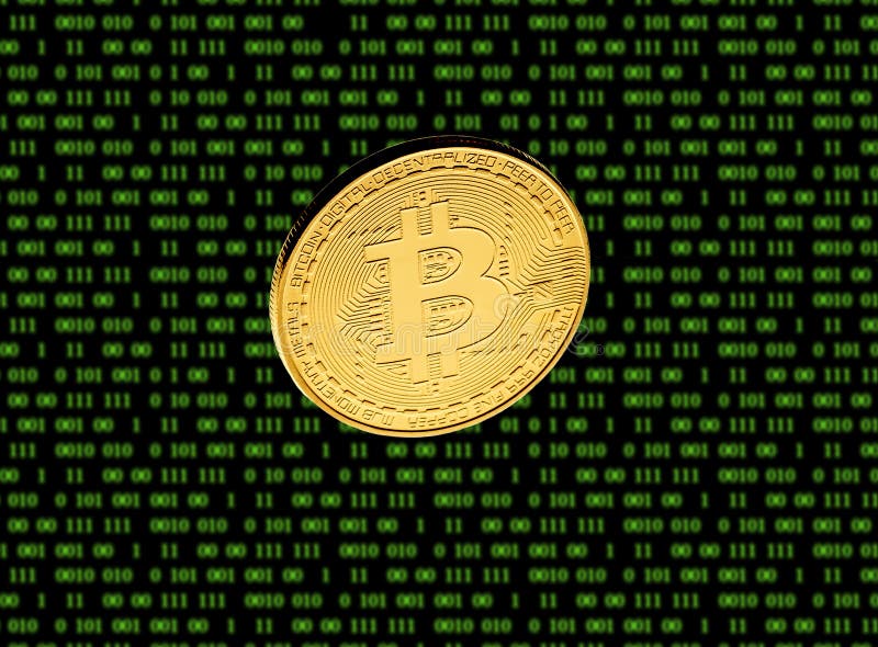 Gold coin of Bitcoin closeup on black background with blurry green numbers like the matrix. Gold coin of Bitcoin closeup on black background with blurry green numbers like the matrix