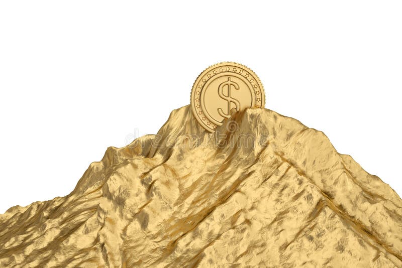 Gold coin on gold mountain. 3D illustration. stock illustration