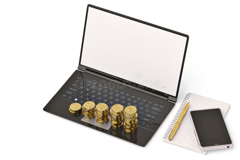 Gold coin stack and notebook and laptop on white background. 3D i royalty free illustration