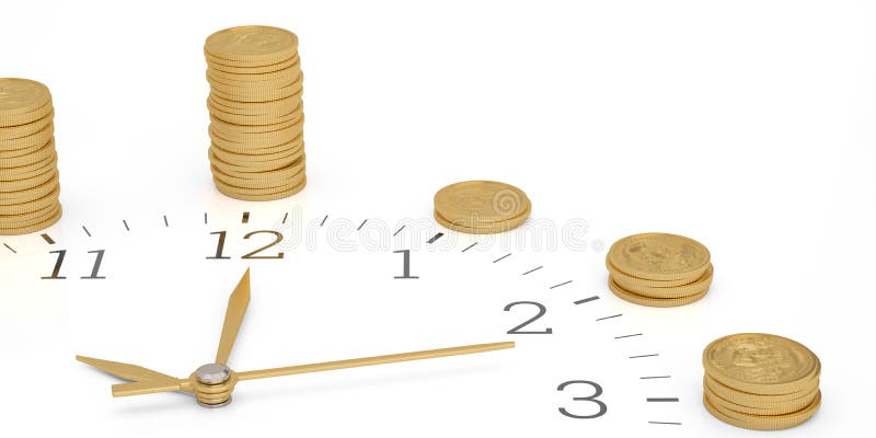 Gold coin stacks on clock background. 3D illustration royalty free illustration