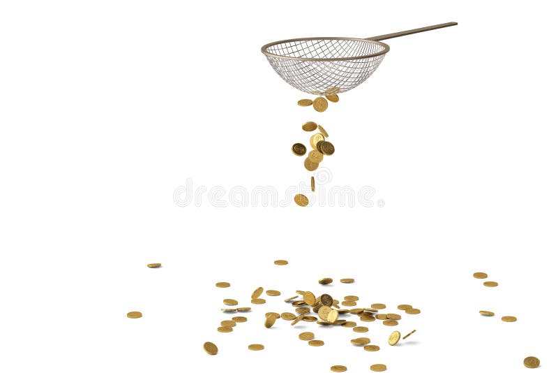 Gold coin on strainer. 3D illustration. stock illustration