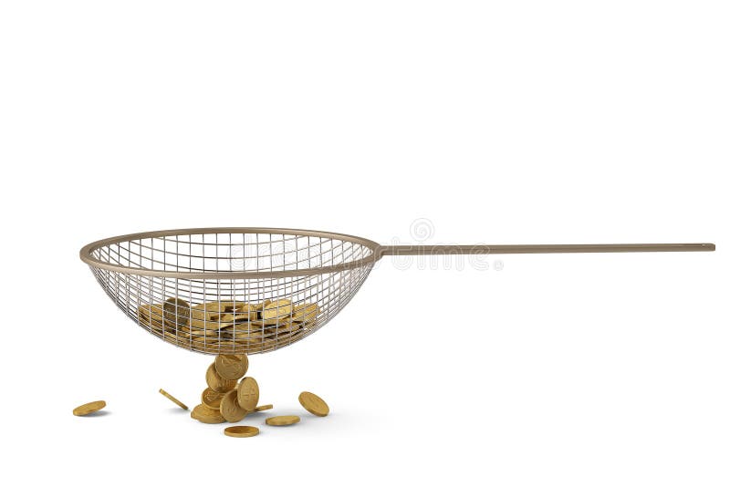 Gold coin on strainer. 3D illustration. royalty free illustration