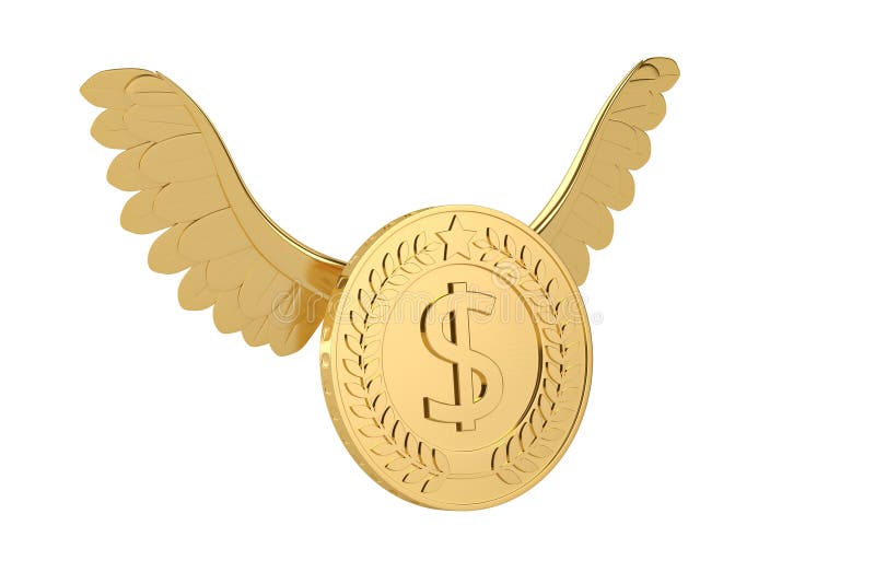 Gold coin with gold wings flying coin. 3D illustration. vector illustration