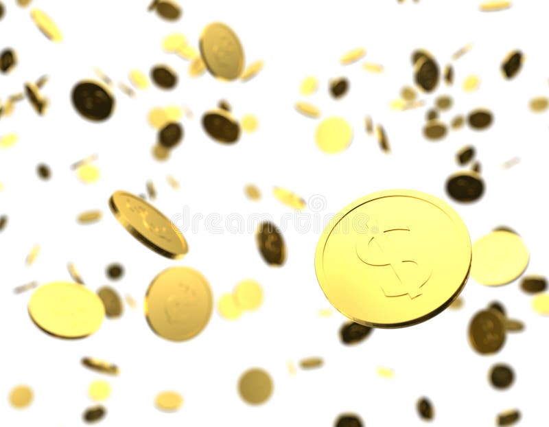 Gold coins raining down in front of white background. Fortune raining illustrations