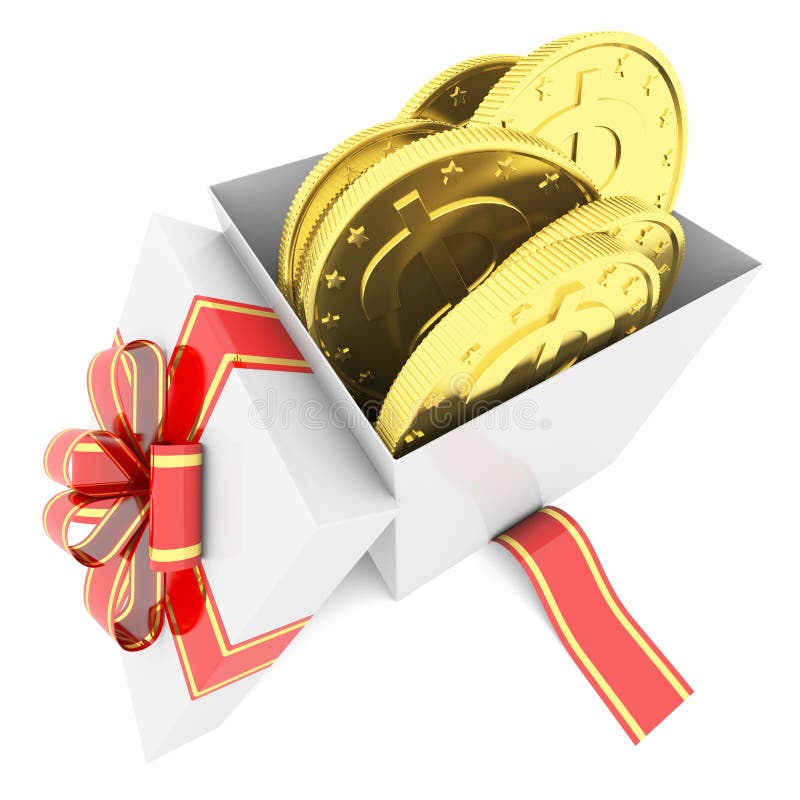 Gold coins in a gift box stock illustration. Illustration of assistance