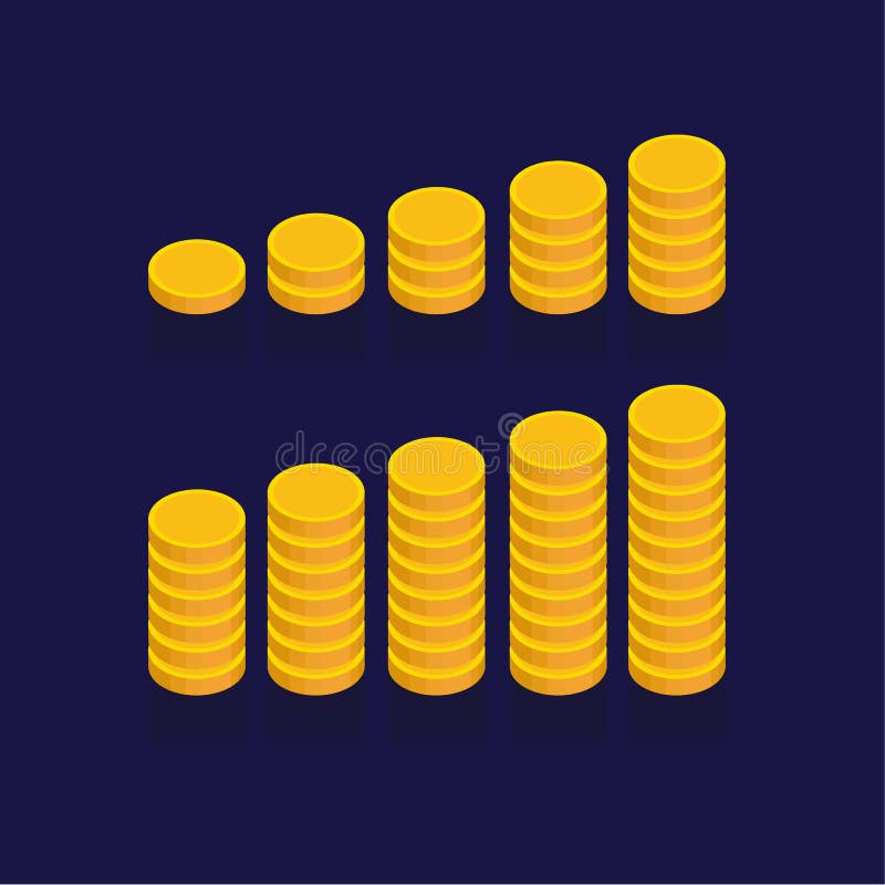 Gold coins vector icons, golden coins stacks and heaps. on blue