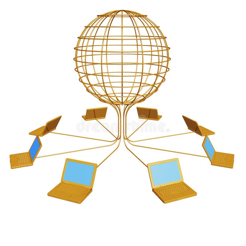 Na 3d obrázky zlaté počítače jsou propojeny v globální systém.