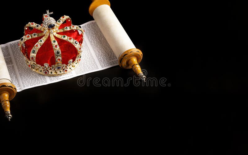 A Gold Coronation Crown with Red Velevet on a Bible on an Open Hebrew Scroll Stock Photo Image