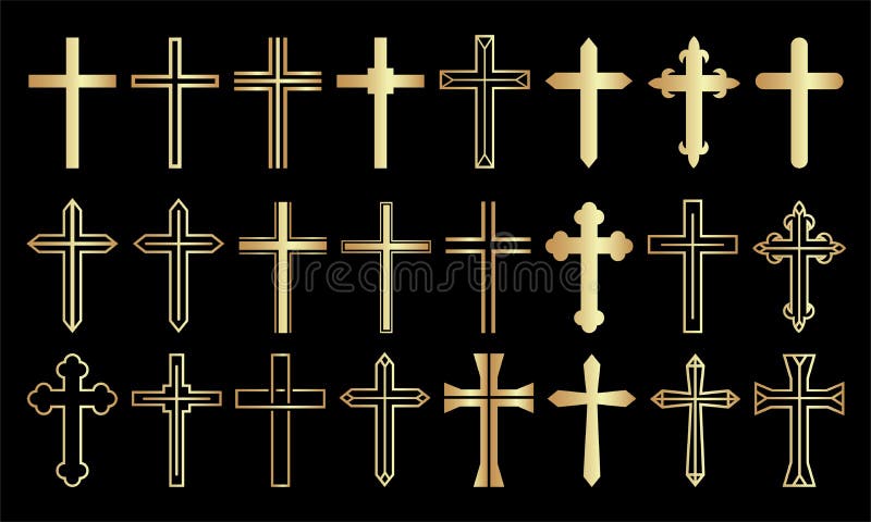 Gold Cross Set Christian Icon Collection on Black Background