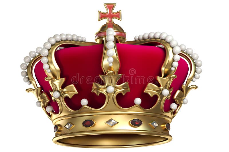 Corona in oro con rubini e di velluto rosso, isolato su sfondo bianco.