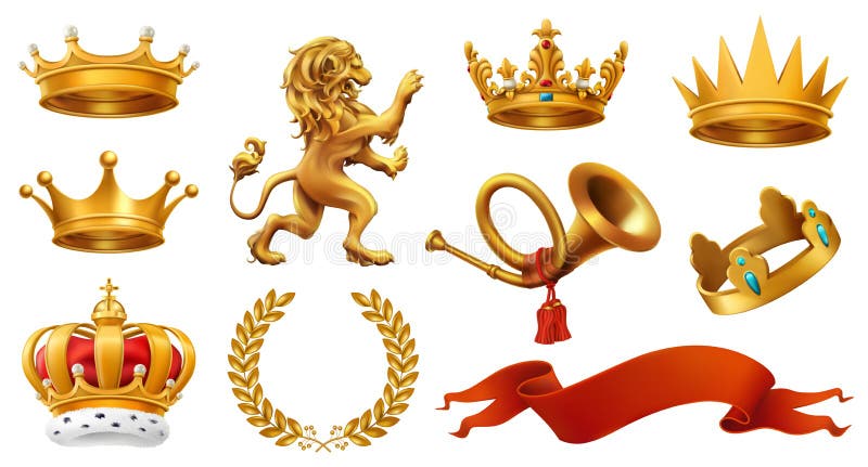 Gold crown of the king. Laurel wreath, trumpet, lion, ribbon. vector icon set stock illustration