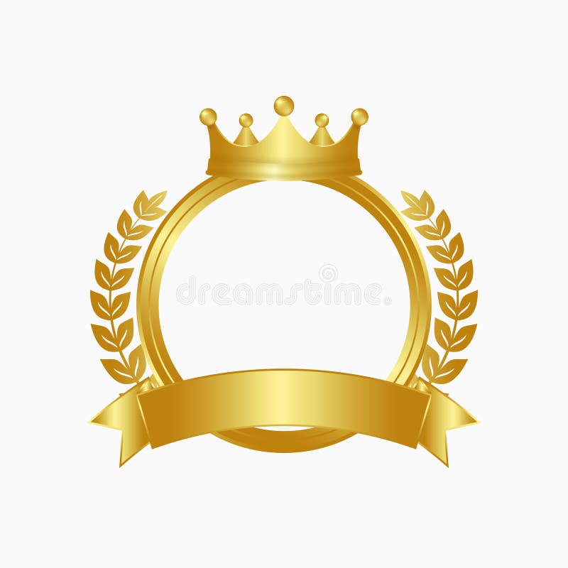 Gold crown, laurel wreath and circle frame. Winner sign with golden ribbon. Vector.