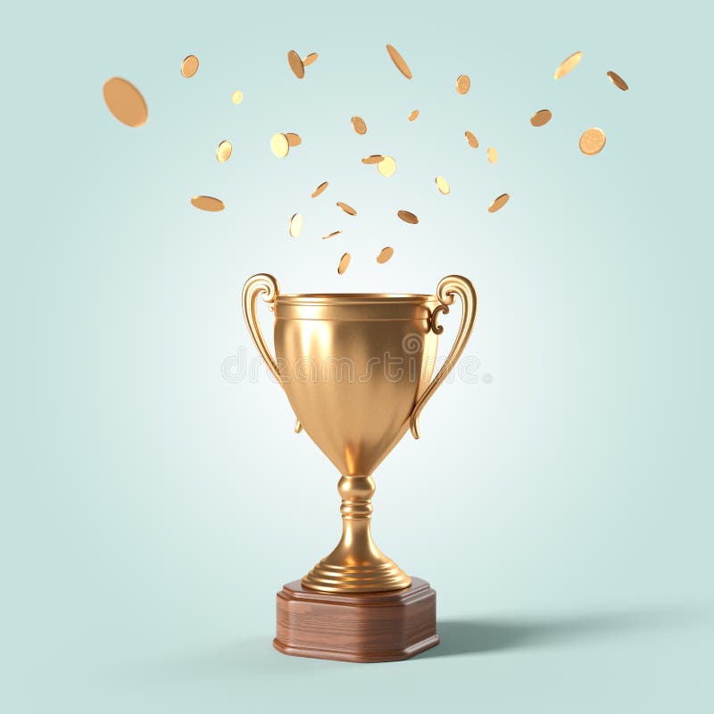 Gold cup and rain of coins on an background. Fortune raining illustrations