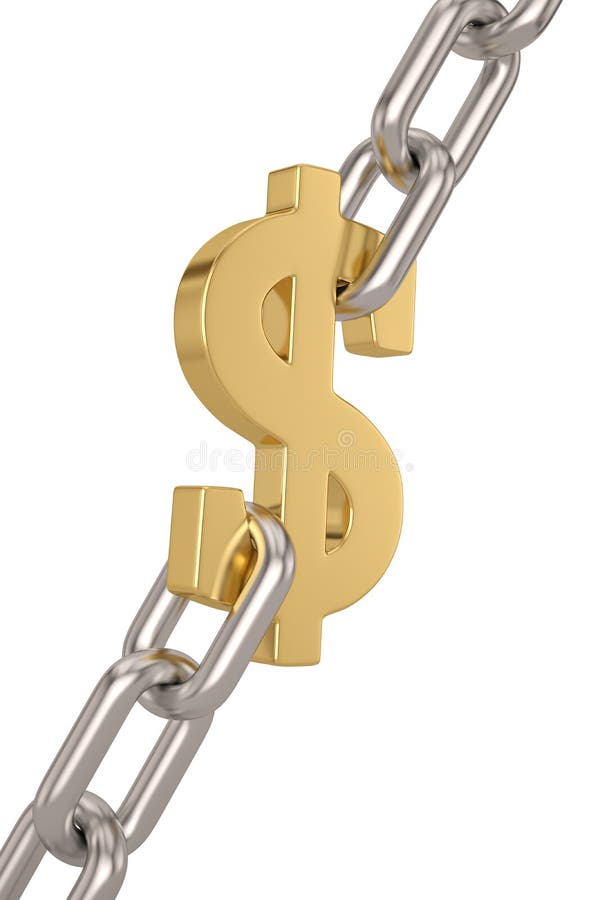 Gold Currency Symbol and Iron Chain Isolated on White Background. 3D