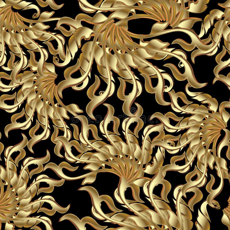 Gold 3d Abstract floral seamless pattern. Modern background in B