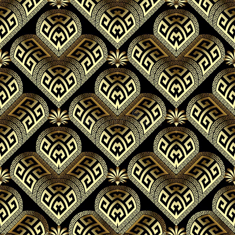 Gold 3d Floral Greek Seamless Pattern. Ornate Geometric Ornamental ...