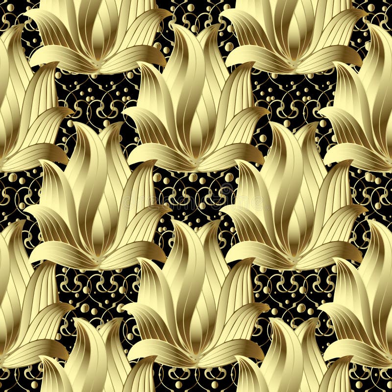 Gold 3d vintage floral vector seamless pattern. Ornamental patte royalty free illustration