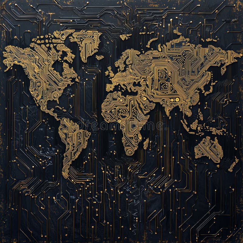 With gold and dark tones, this stylized world map design features a circuit board pattern. stock photo