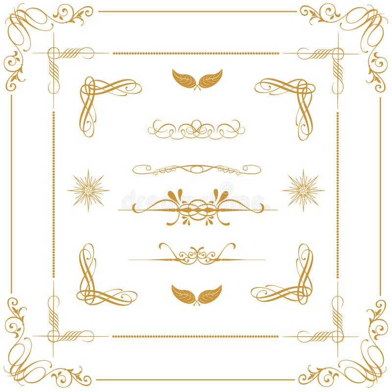 Vector set of gold decorative horizontal floral elements, corners, borders, frame, crown. Page decoration. Vector set of gold decorative horizontal floral elements, corners, borders, frame, crown. Page decoration.