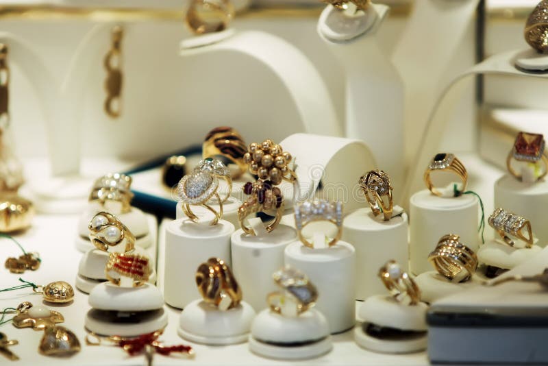 Gold and diamond rings in shop-window