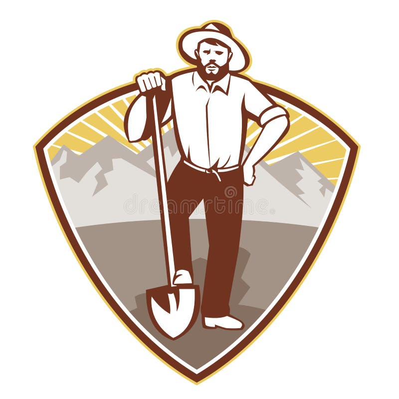 Illustration of a gold digger miner prospector with shovel spade done in retro style set inside shield with mountains in background. Illustration of a gold digger miner prospector with shovel spade done in retro style set inside shield with mountains in background.