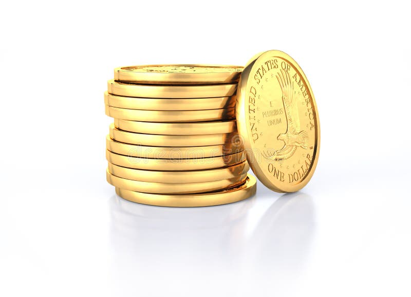 Gold dollar coins stack and one coin recumbent on it.