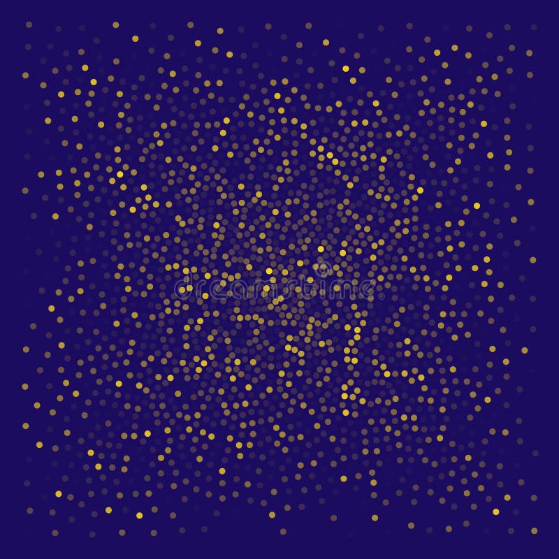 Gold dot halftone pattern on dark blue background creating dynamic abstract gradient effect with shimmering circular stock illustration