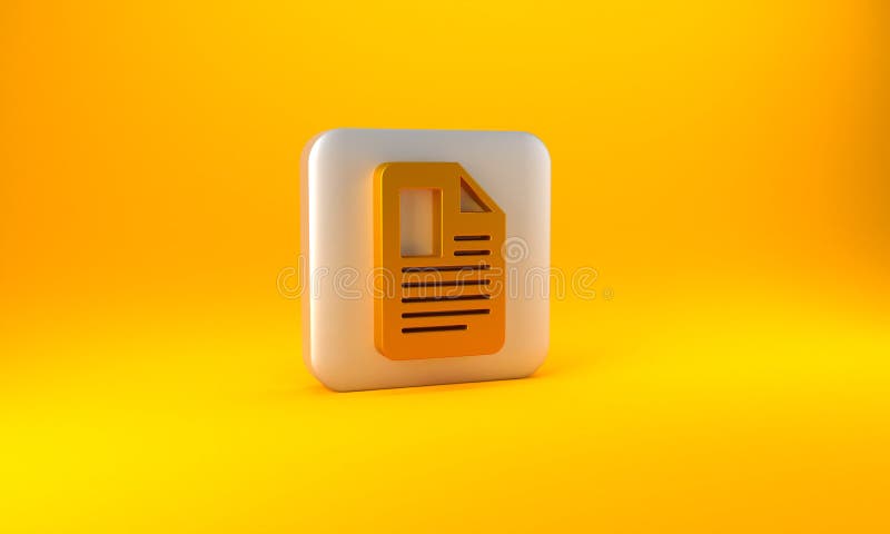 Gold File document icon isolated on yellow background. Checklist icon. Business concept. Silver square button. 3D render vector illustration