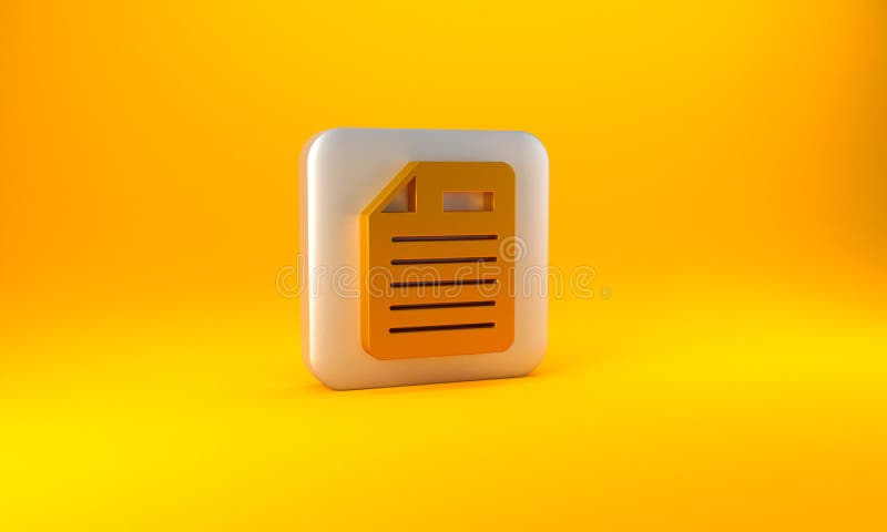 Gold File document icon isolated on yellow background. Checklist icon. Business concept. Silver square button. 3D render vector illustration