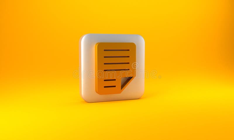 Gold File document icon isolated on yellow background. Checklist icon. Business concept. Silver square button. 3D render vector illustration