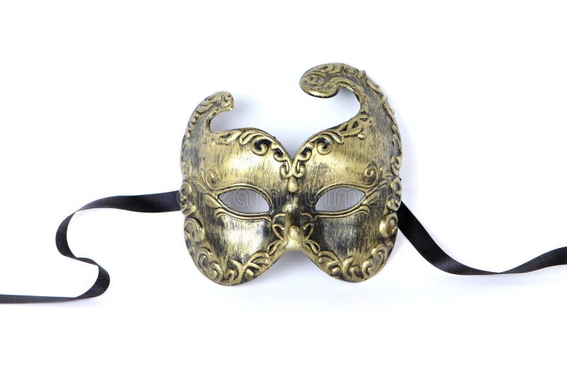 Gold filigree Venetian mask on white background with soft shadows