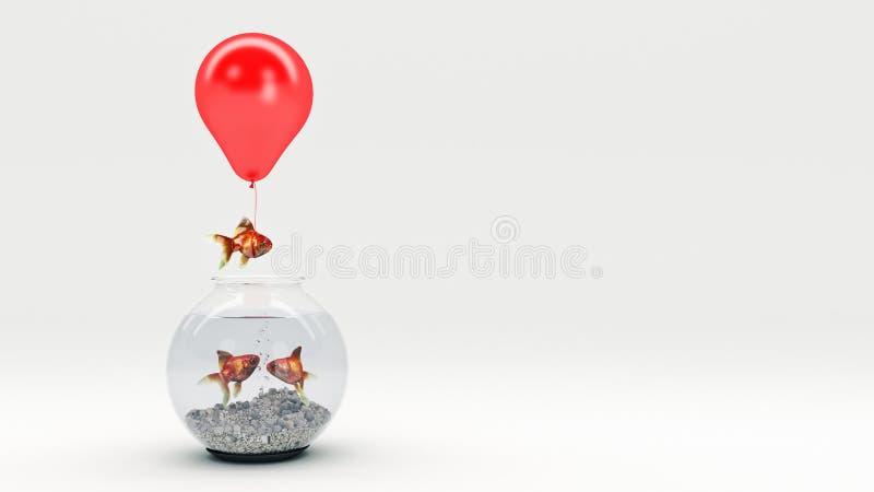 Gold fish flying away from a fishbowl with the help of a balloon.