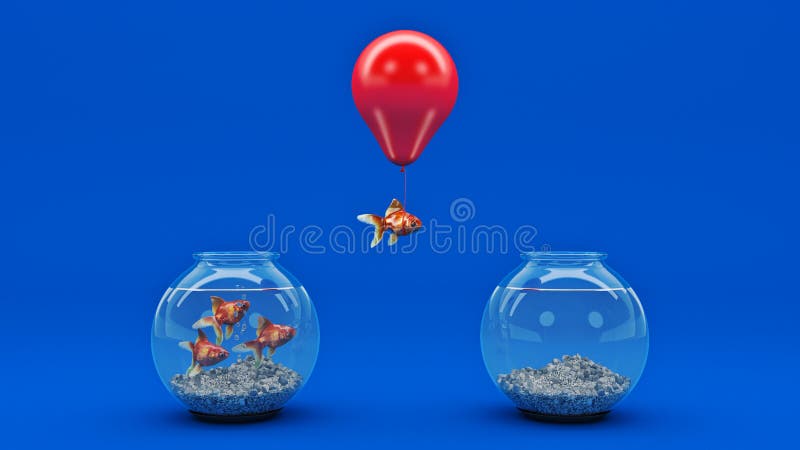 Gold fish flying away from a fishbowl with the help of a balloon.