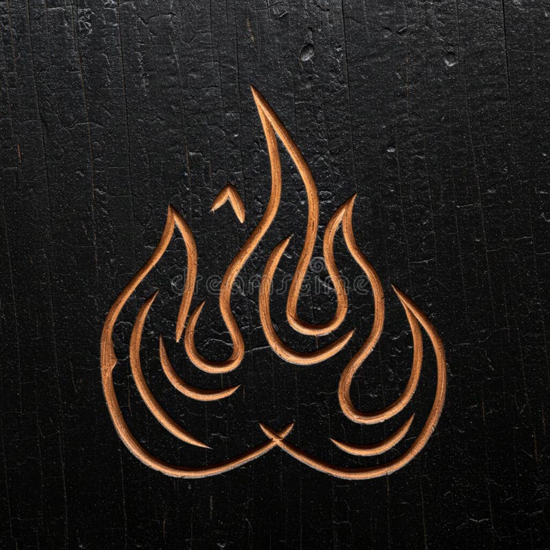 Gold flame design embossed on a textured black surface stock illustration
