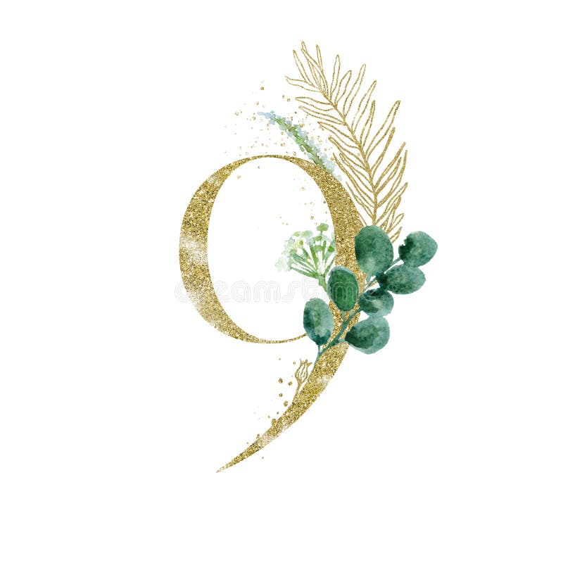 Gold Floral Numbers - cifra 9 con composizione bouquet botanica verde collezione unica per le decorazioni di inviti matrimoniali