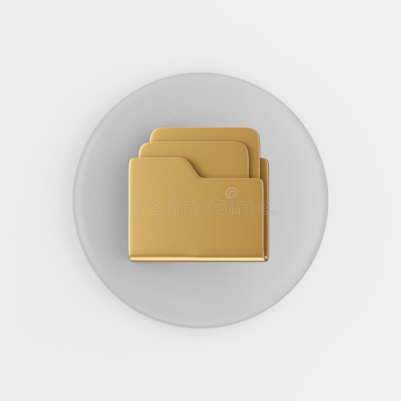 Gold Folder Icon with Documents in Flat Style. 3d Rendering Gray Round