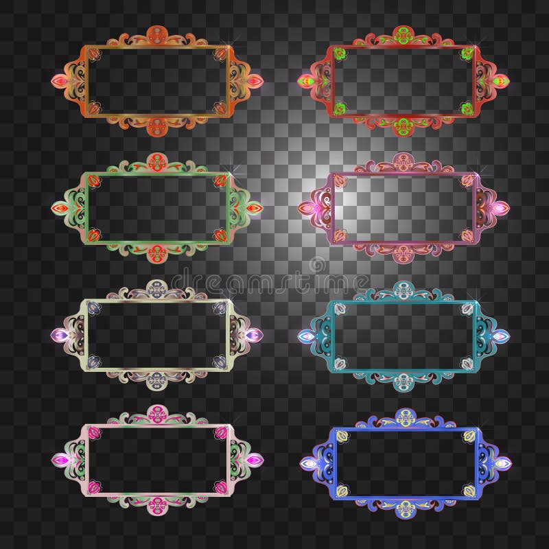 Gold Frame. a Set of Multicolored Square, Ornate Frames for Designs and