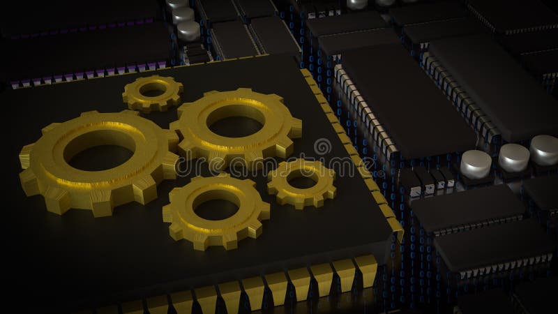 Gold Gear on Chip for Technology oder IT Concept 3d Rendering lizenzfreie abbildung