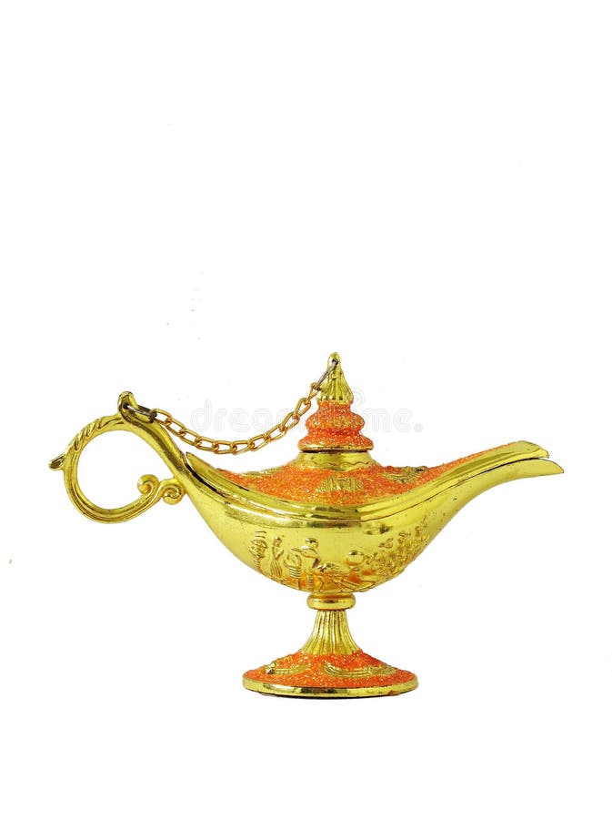 A Gold Genie Aladdin Lamp On Blurred Shiny With Glitter Sparkle Light