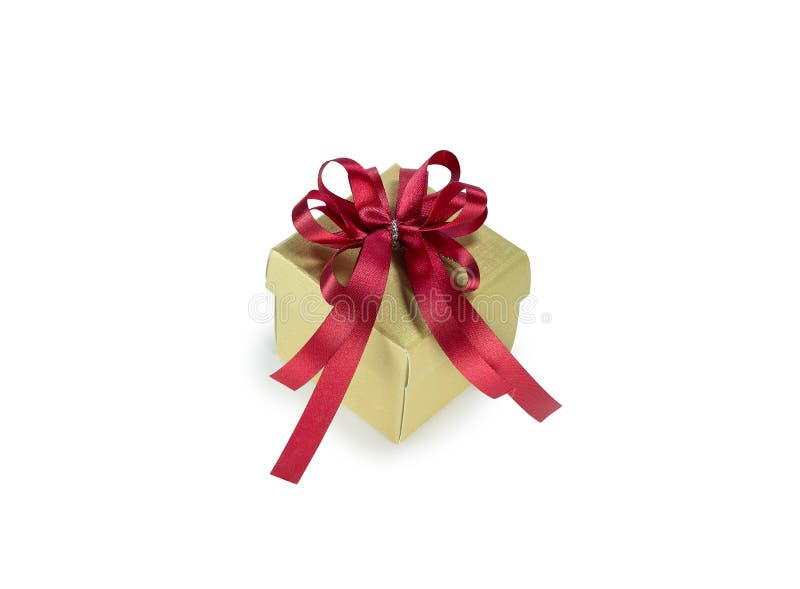 Gold Gift Box with Red Ribbon. New Year Gift. Christmas Present. Stock