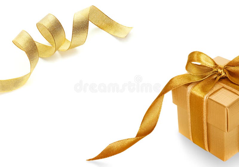 Gold gift box with Shiny gold satin ribbon stock photos