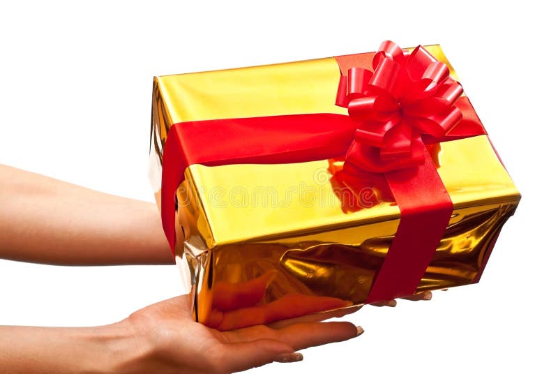 Gold gift box in woman s hand