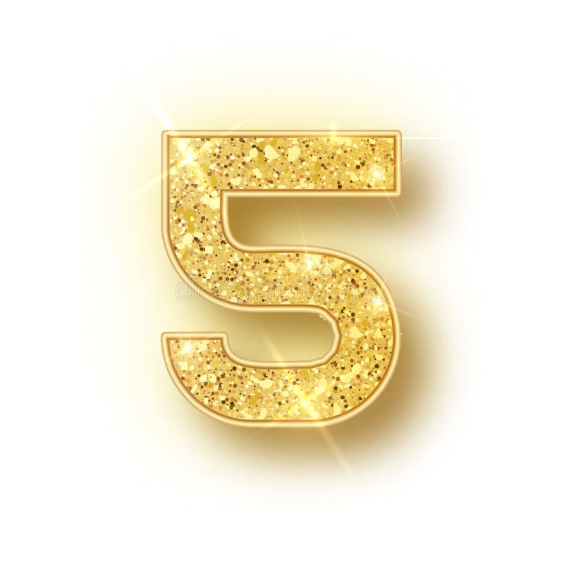 Gold glitter alphabet numbers 5 with shadow. Vector realistick shining golden font number five of sparkles on white