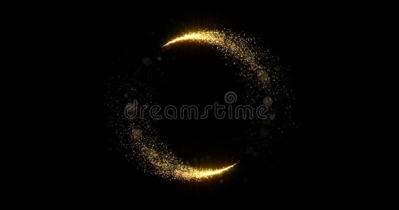 Gold glitter circle trails, glittering light shine sparkles ring on black background. Christmas and New Year holiday magic glow