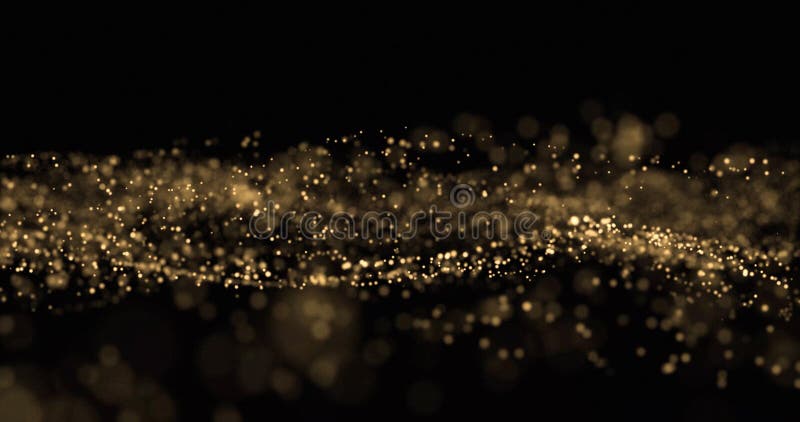 Gold glitter, light particles wave splash on black background. Shining gold sparks, shimmering sparkles glow, magic bright glitter