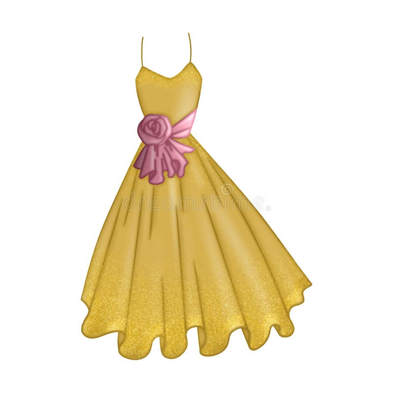 Gold Glitter Party Dress with Pink Ribbon Party Illustration Isolated ...