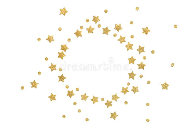 Gold Glitter Star Circle Paper Cut on White Background Stock